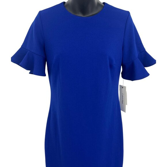 Calvin Klein Blue Ruffle Sleeve Sheath Dress Back Zip Closure Size 4 Women New - Picture 2 of 10